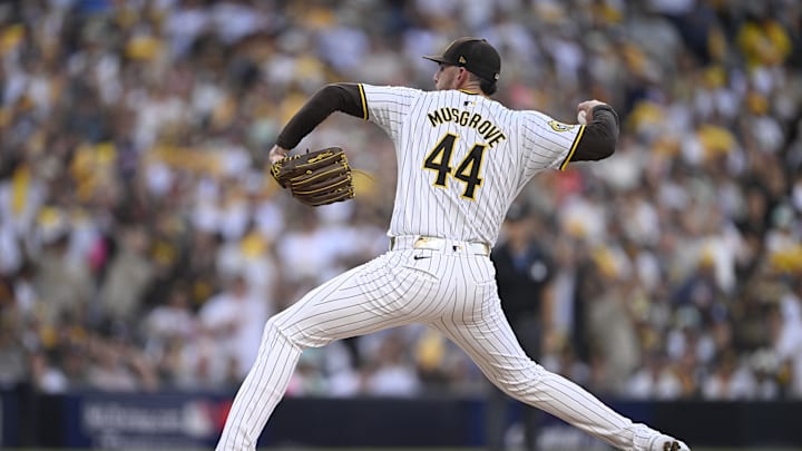 Oct 2, 2024; San Diego, California, USA; San Diego Padres pitcher Joe Musgrove (44) throws during the first inning of game two in the Wildcard round for the 2024 MLB Playoffs against the Atlanta Braves at Petco Park. Mandatory Credit: Denis Poroy-Imagn Images