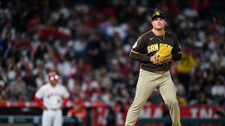 Apr 18, 2026; Anaheim, California, USA; San Diego Padres pitcher Adrian Morejon (50) looks on during the seventh inning against the Los Angeles Angels at Angel Stadium. Mandatory Credit: William Liang-Imagn Images