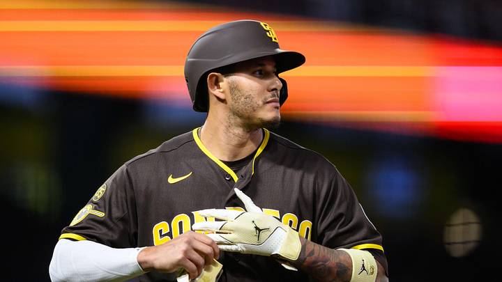 Apr 17, 2026; Anaheim, California, USA; San Diego Padres third baseman Manny Machado (13) looks on after being called out following an ABS challenge during the fourth inning against the Los Angeles Angels at Angel Stadium. Mandatory Credit: William Liang-Imagn Images