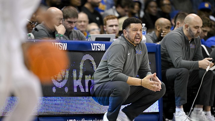 Feb 11, 2025; Dallas, Texas, USA; Pittsburgh Panthers head coach Jeff Capel yells to his team during the first half against the Southern Methodist Mustangs at Moody Coliseum. Mandatory Credit: Jerome Miron-Imagn Images
