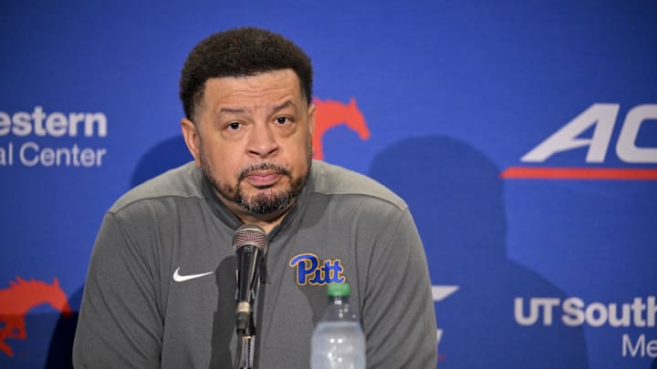 Feb 11, 2025; Dallas, Texas, USA; Pittsburgh Panthers head coach Jeff Capel talks to the media after the game between the Southern Methodist Mustangs and the Pittsburgh Panthers at Moody Coliseum. Mandatory Credit: Jerome Miron-Imagn Images