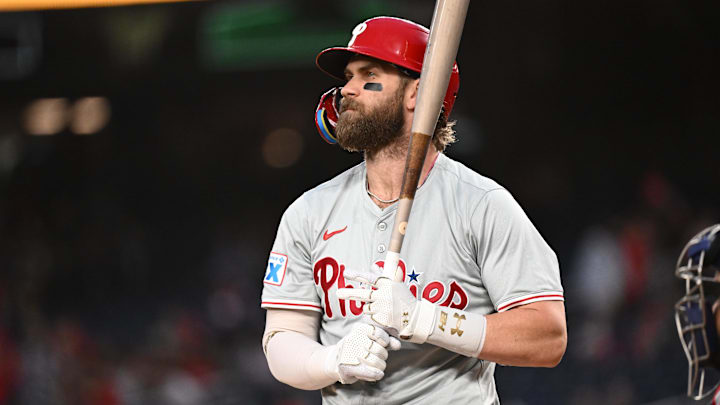 Sep 27, 2024; Washington, District of Columbia, USA;  Philadelphia Phillies first baseman Bryce Harper looks out to the crowd.