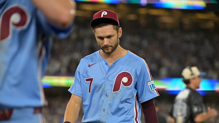 Oct 9, 2025; Los Angeles, California, USA;  Philadelphia Phillies shortstop Trea Turner (7) reacts after losing the NLDS round for the 2025 MLB playoffs against the Los Angeles Dodgers at Dodger Stadium. Mandatory Credit: Jayne Kamin-Oncea-Imagn Images