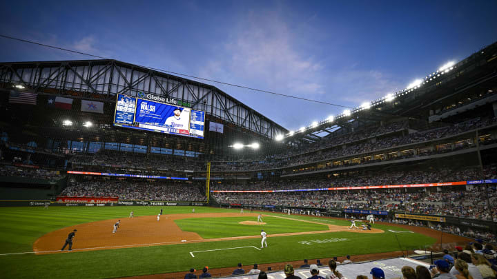 Apr 5, 2024; Arlington, Texas, USA; A view of the open roof and the sky and the field and the fans during the game between the Texas Rangers and the Houston Astros at Globe Life Field. Mandatory Credit: Jerome Miron-USA TODAY Sports