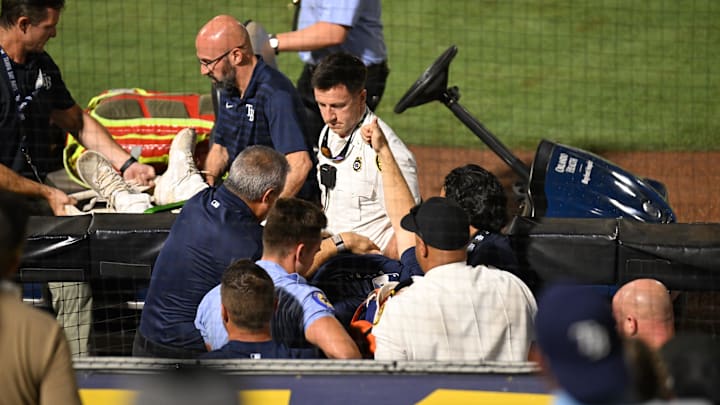 Tampa Bay Rays pitcher Hunter Bigge (43) gets medical attention after getting hit in the face by a foul ball in the seventh inning against the Baltimore Orioles at George M. Steinbrenner Field. Jonathan Dyer-Imagn Images Tampa Bay Rays pitcher Hunter Bigge (43) gets medical attention after getting hit in the face by a foul ball in the seventh inning against the Baltimore Orioles at George M. Steinbrenner Field. Jonathan Dyer-Imagn Images