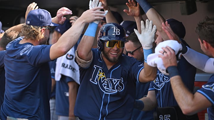 Tampa Bay first baseman Jonathan Aranda (62) celebrates in the dugout after hitting a home run against the Baltimore Orioles.