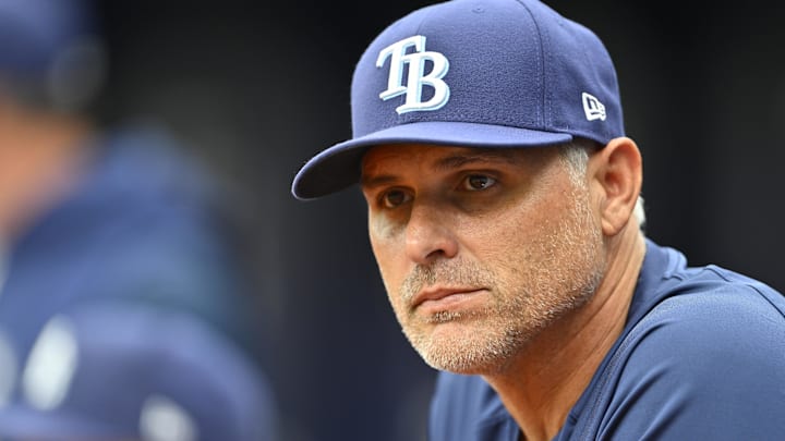 May 3, 2026; St. Petersburg, Florida, USA; Tampa Bay Rays manager Kevin Cash (16) looks on the field during the first inning against San Francisco Giants at Tropicana Field. 