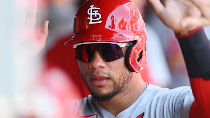 Jun 29, 2025; Cleveland, Ohio, USA; St. Louis Cardinals first baseman Willson Contreras (40) celebrates after scoring during the first inning against the Cleveland Guardians at Progressive Field. Mandatory Credit: Ken Blaze-Imagn Images Jun 29, 2025; Cleveland, Ohio, USA; St. Louis Cardinals first baseman Willson Contreras (40) celebrates after scoring during the first inning against the Cleveland Guardians at Progressive Field. Mandatory Credit: Ken Blaze-Imagn Images
