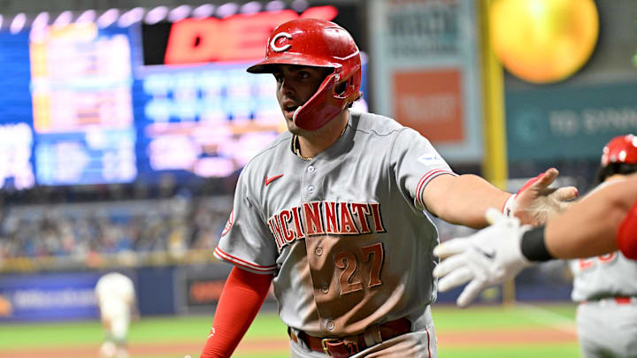 Apr 20, 2026; St. Petersburg, Florida, USA; Cincinnati Reds first baseman Sal Stewart (27) reacts after scoring a run in the seventh inning against the Tampa Bay Rays at Tropicana Field. Mandatory Credit: Jonathan Dyer-Imagn Images