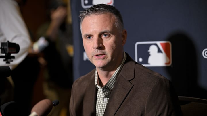Dec 9, 2024; Dallas, TX, USA; Kansas City Royals manager Matt Quatraro speaks with the media at the Hilton Anatole during the 2024 MLB Winter Meetings. Mandatory Credit: Jerome Miron-Imagn Images Dec 9, 2024; Dallas, TX, USA; Kansas City Royals manager Matt Quatraro speaks with the media at the Hilton Anatole during the 2024 MLB Winter Meetings. Mandatory Credit: Jerome Miron-Imagn Images