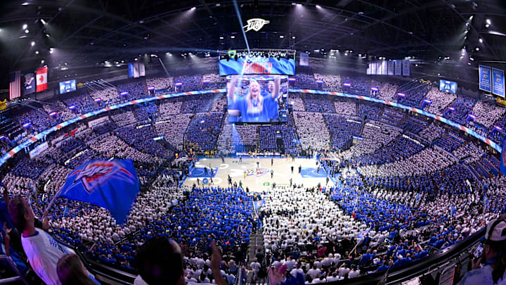 Jun 16, 2025; Oklahoma City, Oklahoma, USA; A view of the arena and fans before the game between the Oklahoma City Thunder and the Indiana Pacers in game five of the 2025 NBA Finals at Paycom Center. Mandatory Credit: Jerome Miron-Imagn Images
