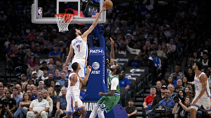 Oct 27, 2025; Dallas, Texas, USA; Oklahoma City Thunder center Chet Holmgren (7) blocks a shot by Dallas Mavericks forward Naji Marshall (13) during the second quarter at the American Airlines Center. Mandatory Credit: Jerome Miron-Imagn Images Oct 27, 2025; Dallas, Texas, USA; Oklahoma City Thunder center Chet Holmgren (7) blocks a shot by Dallas Mavericks forward Naji Marshall (13) during the second quarter at the American Airlines Center. Mandatory Credit: Jerome Miron-Imagn Images