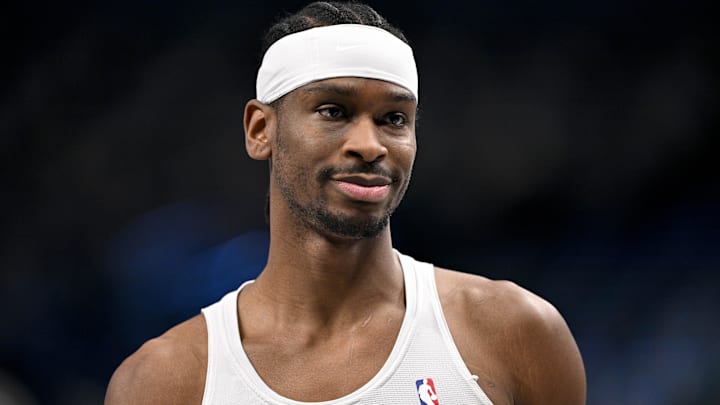 Mar 1, 2026; Dallas, Texas, USA; Oklahoma City Thunder guard Shai Gilgeous-Alexander (2) warms up before the game against the Dallas Mavericks at the American Airlines Center. Mandatory Credit: Jerome Miron-Imagn Images
