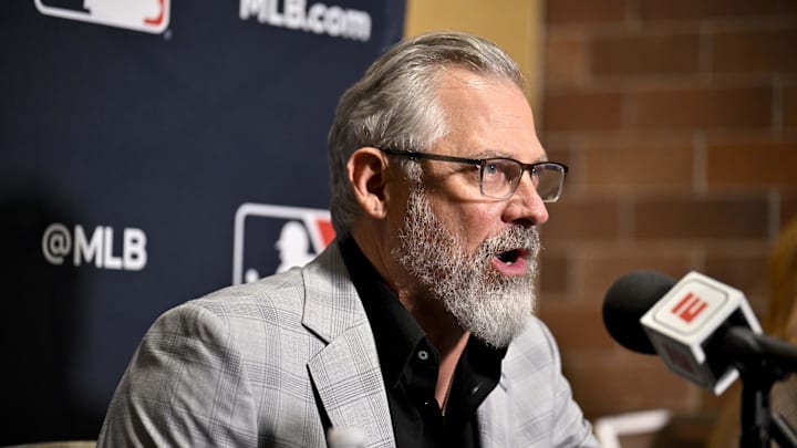 Dec 9, 2024; Dallas, TX, USA; Pittsburgh Pirates manager Derek Shelton speaks with the media 
at the Hilton Anatole during the 2024 MLB Winter Meetings. Mandatory Credit: Jerome Miron-Imagn Images