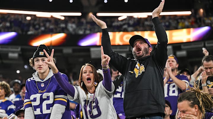 Nov 3, 2024; Minneapolis, Minnesota, USA; Minnesota Vikings fans react during the fourth quarter against the Indianapolis Colts at U.S. Bank Stadium. Mandatory Credit: Jeffrey Becker-Imagn Images Nov 3, 2024; Minneapolis, Minnesota, USA; Minnesota Vikings fans react during the fourth quarter against the Indianapolis Colts at U.S. Bank Stadium. Mandatory Credit: Jeffrey Becker-Imagn Images