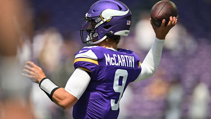 Aug 10, 2024; Minneapolis, Minnesota, USA; Minnesota Vikings quarterback J.J. McCarthy (9) warms up before the game against the Las Vegas Raiders at U.S. Bank Stadium. Mandatory Credit: Jeffrey Becker-Imagn Images Aug 10, 2024; Minneapolis, Minnesota, USA; Minnesota Vikings quarterback J.J. McCarthy (9) warms up before the game against the Las Vegas Raiders at U.S. Bank Stadium. Mandatory Credit: Jeffrey Becker-Imagn Images