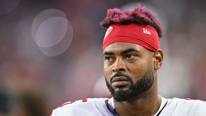 Oct 23, 2023; Minneapolis, Minnesota, USA; San Francisco 49ers wide receiver Jauan Jennings (15) looks on before the game against the Minnesota Vikings at U.S. Bank Stadium. Mandatory Credit: Jeffrey Becker-Imagn Images