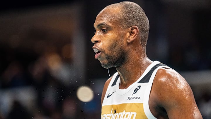 Dec 20, 2025; Memphis, Tennessee, USA; Washington Wizards Forward Khris Middleton (22) drips sweat in the third quarter against the Memphis Grizzlies at FedExForum. Mandatory Credit: Matthew Smith-Imagn Images