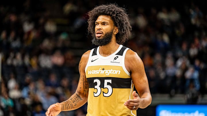 Dec 20, 2025; Memphis, Tennessee, USA; Washington Wizards Forward Marvin Bagley III (35) confused by the foul called against him in the third quarter against the Memphis Grizzlies at FedExForum. Mandatory Credit: Matthew Smith-Imagn Images