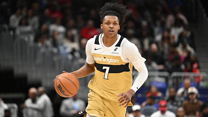Feb 8, 2026; Washington, District of Columbia, USA;  Washington Wizards guard Bub Carrington (7) dribbles the ball against the Miami Heat during the third quarter at Capital One Arena. Mandatory Credit: Rafael Suanes-Imagn Images