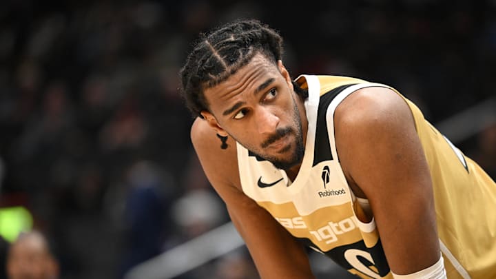 Feb 8, 2026; Washington, District of Columbia, USA;  Washington Wizards center Alex Sarr (20) looks up during a free throw against the Miami Heat during the third quarter at Capital One Arena. Mandatory Credit: Rafael Suanes-Imagn Images