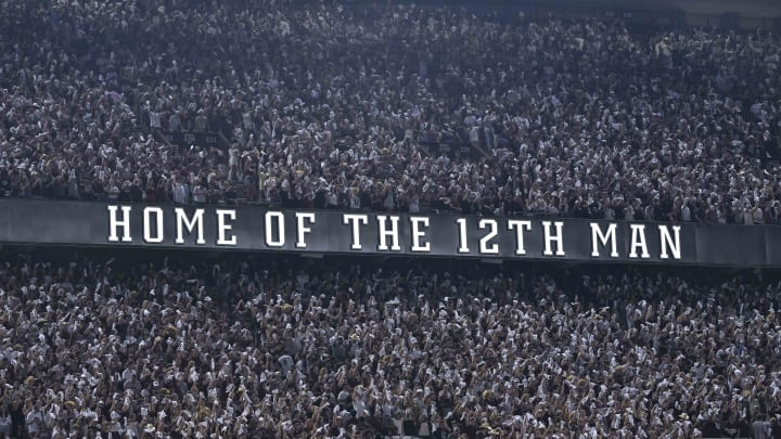 Sep 17, 2022; College Station, Texas, USA; A view of the stands and the fans and the 12th Man logo during the game between the Texas A&M Aggies and the Miami Hurricanes at Kyle Field. Sep 17, 2022; College Station, Texas, USA; A view of the stands and the fans and the 12th Man logo during the game between the Texas A&M Aggies and the Miami Hurricanes at Kyle Field.