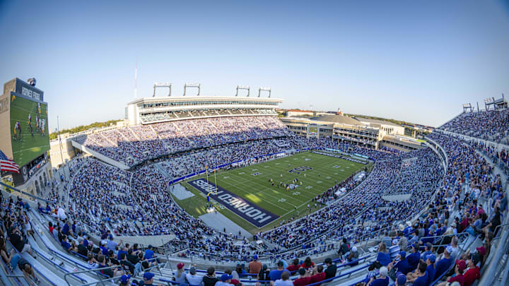 Nov 8, 2025; Fort Worth, Texas, USA; A view of the stadium and the field and the fans during the game between the TCU Horned Frogs and the Iowa State Cyclones at Amon G. Carter Stadium. Mandatory Credit: Jerome Miron-Imagn Images