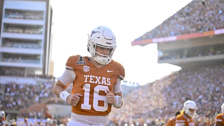 Dec 21, 2024; Austin, Texas, USA; Texas Longhorns quarterback Arch Manning (16) takes the field before the game between the Texas Longhorns and the Clemson Tigers in the CFP National Playoff First Round at Darrell K Royal-Texas Memorial Stadium. Mandatory Credit: Jerome Miron-Imagn Images