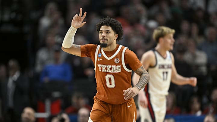 Texas Longhorns guard Jordan Pope reacts after a basket in the second half against the Gonzaga Bulldogs during a second-round game of the men's 2026 NCAA Tournament at Moda Center. Texas Longhorns guard Jordan Pope reacts after a basket in the second half against the Gonzaga Bulldogs during a second-round game of the men's 2026 NCAA Tournament at Moda Center.