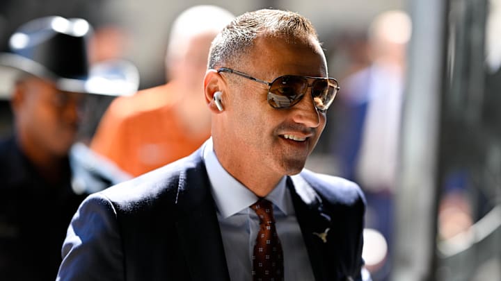 Texas Longhorns head coach Steve Sarkisian arrives at the stadium before the game against the Oklahoma Sooners. 