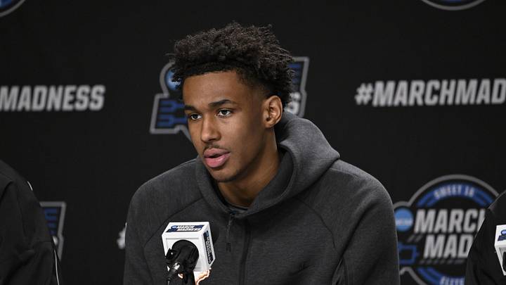 Texas Longhorns forward Dailyn Swain addresses the media in a press conference during a practice session ahead of the west regional of the men's 2026 NCAA Tournament