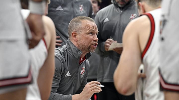 Dec 11, 2024; Louisville, Kentucky, USA;  Louisville Cardinals head coach Pat Kelsey gives instruction before the start of the second half against the UTEP Miners at KFC Yum! Center. Louisville defeated Texas-El Paso 77-74. 