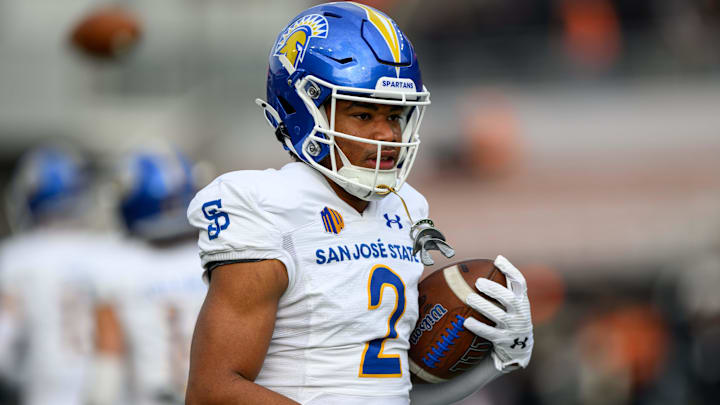 Nov 9, 2024; Corvallis, Oregon, USA; San Jose State Spartans wide receiver TreyShun Hurry (2) warms up before the game against the Oregon State Beavers at Reser Stadium. Mandatory Credit: Craig Strobeck-Imagn Images