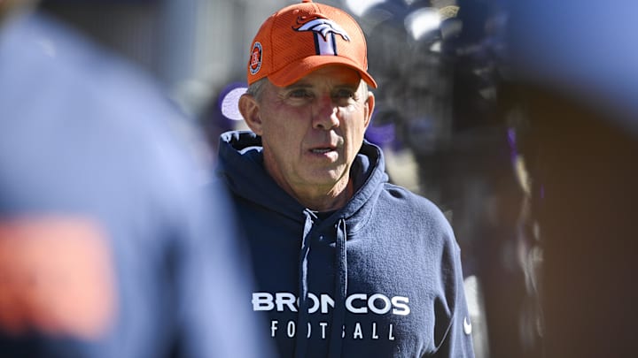 Nov 3, 2024; Baltimore, Maryland, USA;  Denver Broncos head coach Sean Payton walks onto the there field during the first half against the Baltimore Ravens at M&T Bank Stadium. 