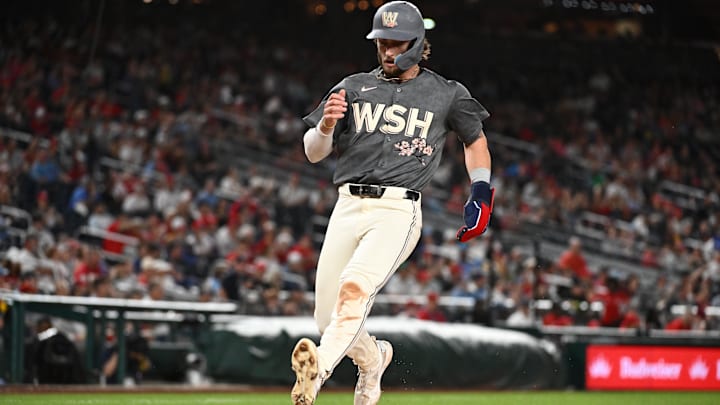 Washington Nationals outfielder Dylan Crews (3) scores a run during the second inning against the Philadelphia Phillies at Nationals Park in 2024.