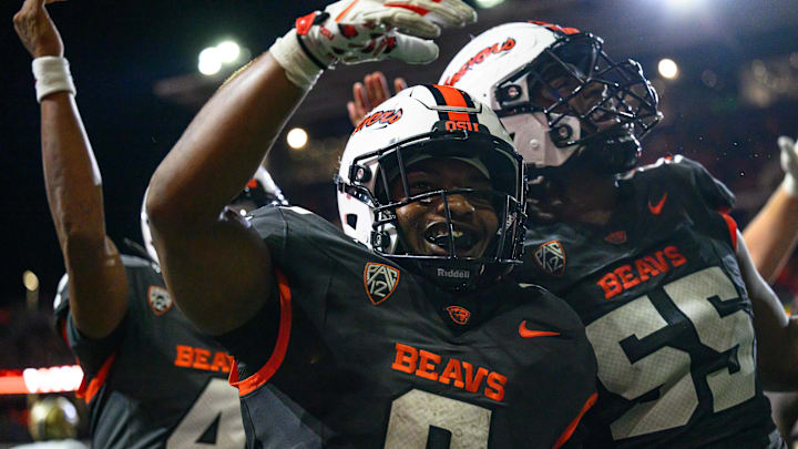 Sep 21, 2024; Corvallis, Oregon, USA; Oregon State Beavers running back Anthony Hankerson (0) scores a touchdown during the fourth quarter against the Purdue Boilermakers at Reser Stadium. Mandatory Credit: Craig Strobeck-Imagn Images