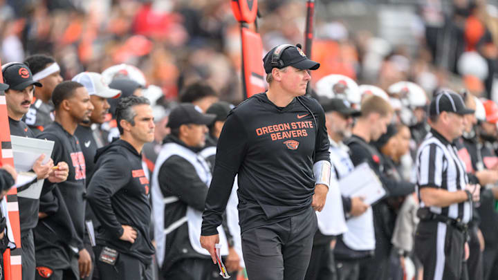 Oct 11, 2025; Corvallis, Oregon, USA; Oregon State Beavers head coach Trent Bray looks on during the second quarter against the Wake Forest Demon Deacons at Reser Stadium. Mandatory Credit: Craig Strobeck-Imagn Images Oct 11, 2025; Corvallis, Oregon, USA; Oregon State Beavers head coach Trent Bray looks on during the second quarter against the Wake Forest Demon Deacons at Reser Stadium. Mandatory Credit: Craig Strobeck-Imagn Images