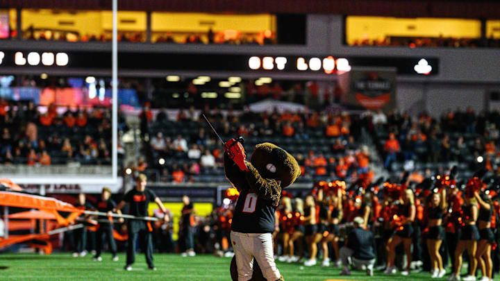 Oct 18, 2025; Corvallis, Oregon, USA; Oregon State Beavers mascot Benny Beaver on the field during pregame ceremonies at Reser Stadium. Mandatory Credit: Craig Strobeck-Imagn Images
