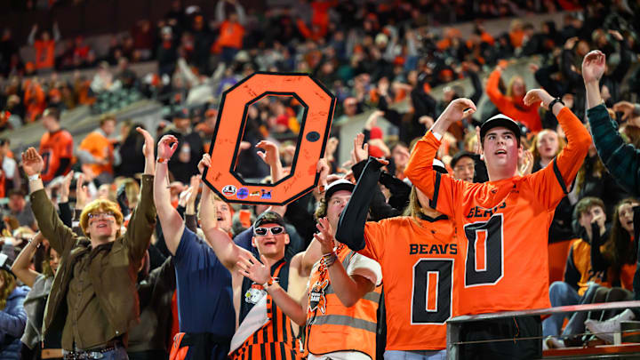 Nov 8, 2025; Corvallis, Oregon, USA; Oregon State Beavers student react to the video board during the third quarter against the Sam Houston Bearkats at Reser Stadium. Mandatory Credit: Craig Strobeck-Imagn Images