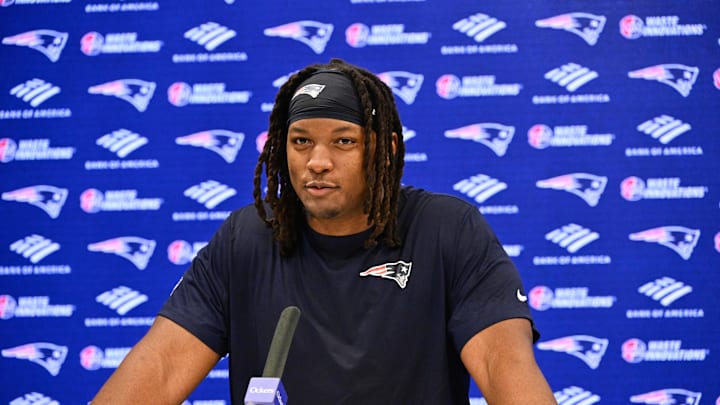 May 9, 2025; Foxborough, MA, USA; New England Patriots center Jared Wilson (58) speaks to the media after rookie camp at Gillette Stadium. Mandatory Credit: Eric Canha-Imagn Images