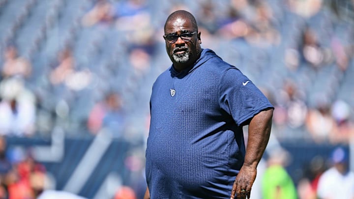 Aug 12, 2023; Chicago, Illinois, USA;  Tennessee Titans assistant head coach Terrell Williams watches his team warm up before a game against the Chicago Bears at Soldier Field. Mandatory Credit: Jamie Sabau-Imagn Images