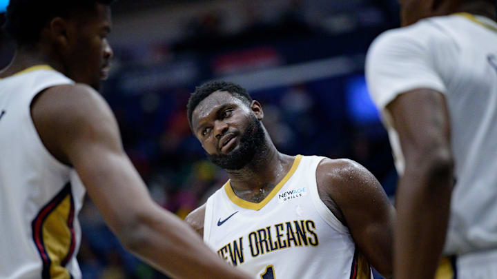 Oct 7, 2024; New Orleans, Louisiana, USA; New Orleans Pelicans forward Zion Williamson (1) reacts during the first half against the Orlando Magic at Smoothie King Center. Oct 7, 2024; New Orleans, Louisiana, USA; New Orleans Pelicans forward Zion Williamson (1) reacts during the first half against the Orlando Magic at Smoothie King Center.