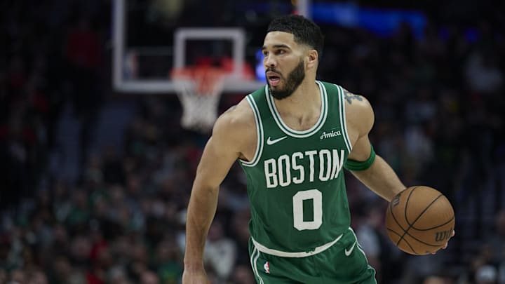 Mar 23, 2025; Portland, Oregon, USA; Boston Celtics forward Jayson Tatum (0) dribbles the ball during the second half against the Portland Trail Blazers at Moda Center. Mandatory Credit: Troy Wayrynen-Imagn Images