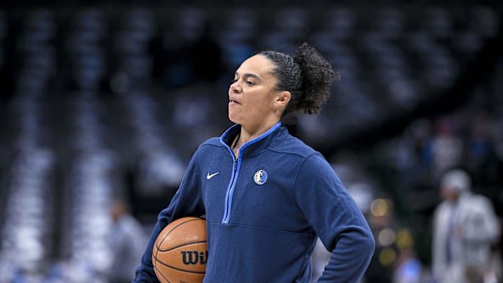 Nov 20, 2022; Dallas, Texas, USA; Dallas Mavericks assistant coach Kristi Toliver before the game between the Dallas Mavericks and the Denver Nuggets at the American Airlines Center. Mandatory Credit: Jerome Miron-Imagn Images