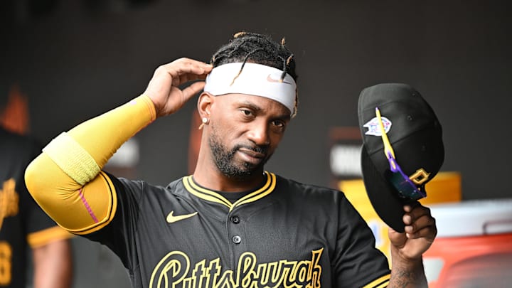 Sep 11, 2025; Baltimore, Maryland, USA;  Pittsburgh Pirates designated hitter Andrew McCutchen (22) stands in the dugout before the game between the Baltimore Orioles and the Pittsburgh Pirates at Oriole Park at Camden Yards. Mandatory Credit: James A. Pittman-Imagn Images