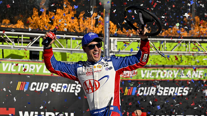 May 4, 2025; Fort Worth, Texas, USA; NASCAR Cup Series driver Joey Logano (22) celebrates in victory lane after he wins the Wurth 400 race at Texas Motor Speedway. Mandatory Credit: Jerome Miron-Imagn Images May 4, 2025; Fort Worth, Texas, USA; NASCAR Cup Series driver Joey Logano (22) celebrates in victory lane after he wins the Wurth 400 race at Texas Motor Speedway. Mandatory Credit: Jerome Miron-Imagn Images