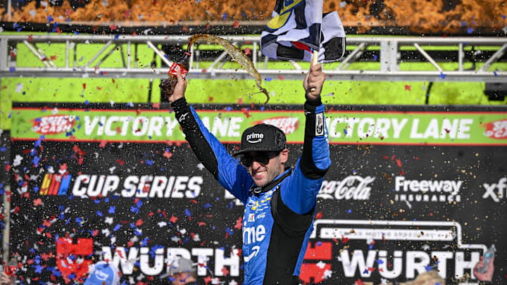 May 3, 2026; Fort Worth, Texas, USA; Hendrick Motorsports driver Chase Elliott (9) celebrates in victory lane after he wins the 2026 Wurth 400 cup race at Texas Motor Speedway.