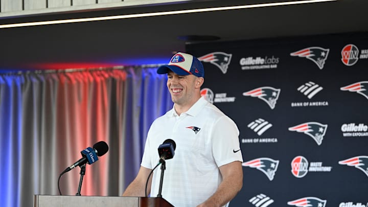 Mar 13, 2025; Foxborough, MA, USA; New England Patriots linebacker Robert Spillane discusses his recent free agent addition to the Patriots with the media at Gillette Stadium. Mandatory Credit: Eric Canha-Imagn Images