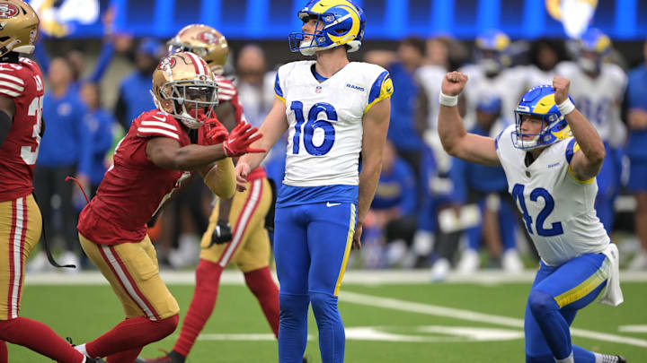 Sep 22, 2024; Inglewood, California, USA; Los Angeles Rams punter Ethan Evans (42) celebrates as place kicker Joshua Karty (16) watches the game winning field goal clear the uprights in the fourth quarter against the San Francisco 49ers at SoFi Stadium. Mandatory Credit: Jayne Kamin-Oncea-Imagn Images Sep 22, 2024; Inglewood, California, USA; Los Angeles Rams punter Ethan Evans (42) celebrates as place kicker Joshua Karty (16) watches the game winning field goal clear the uprights in the fourth quarter against the San Francisco 49ers at SoFi Stadium. Mandatory Credit: Jayne Kamin-Oncea-Imagn Images