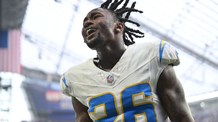 Sep 24, 2023; Minneapolis, Minnesota, USA; Los Angeles Chargers cornerback Asante Samuel Jr. (26) reacts after the game against the Minnesota Vikings at U.S. Bank Stadium. Mandatory Credit: Jeffrey Becker-Imagn Images Sep 24, 2023; Minneapolis, Minnesota, USA; Los Angeles Chargers cornerback Asante Samuel Jr. (26) reacts after the game against the Minnesota Vikings at U.S. Bank Stadium. Mandatory Credit: Jeffrey Becker-Imagn Images